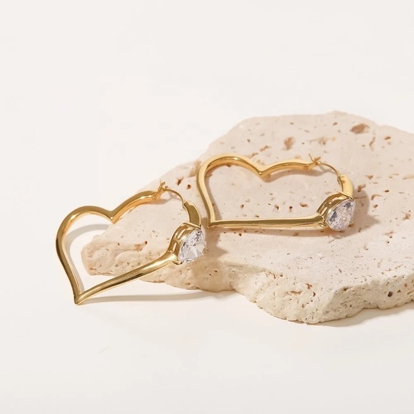 18K Gold Plated Heart Cubic Zirconia Hoop Earrings - Picture 3 of 8